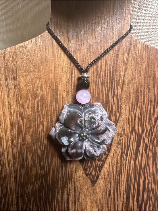 Jewelry - Ocean Jasper Pendant Necklace with Kunzite on Thin Black Adjustable Rope